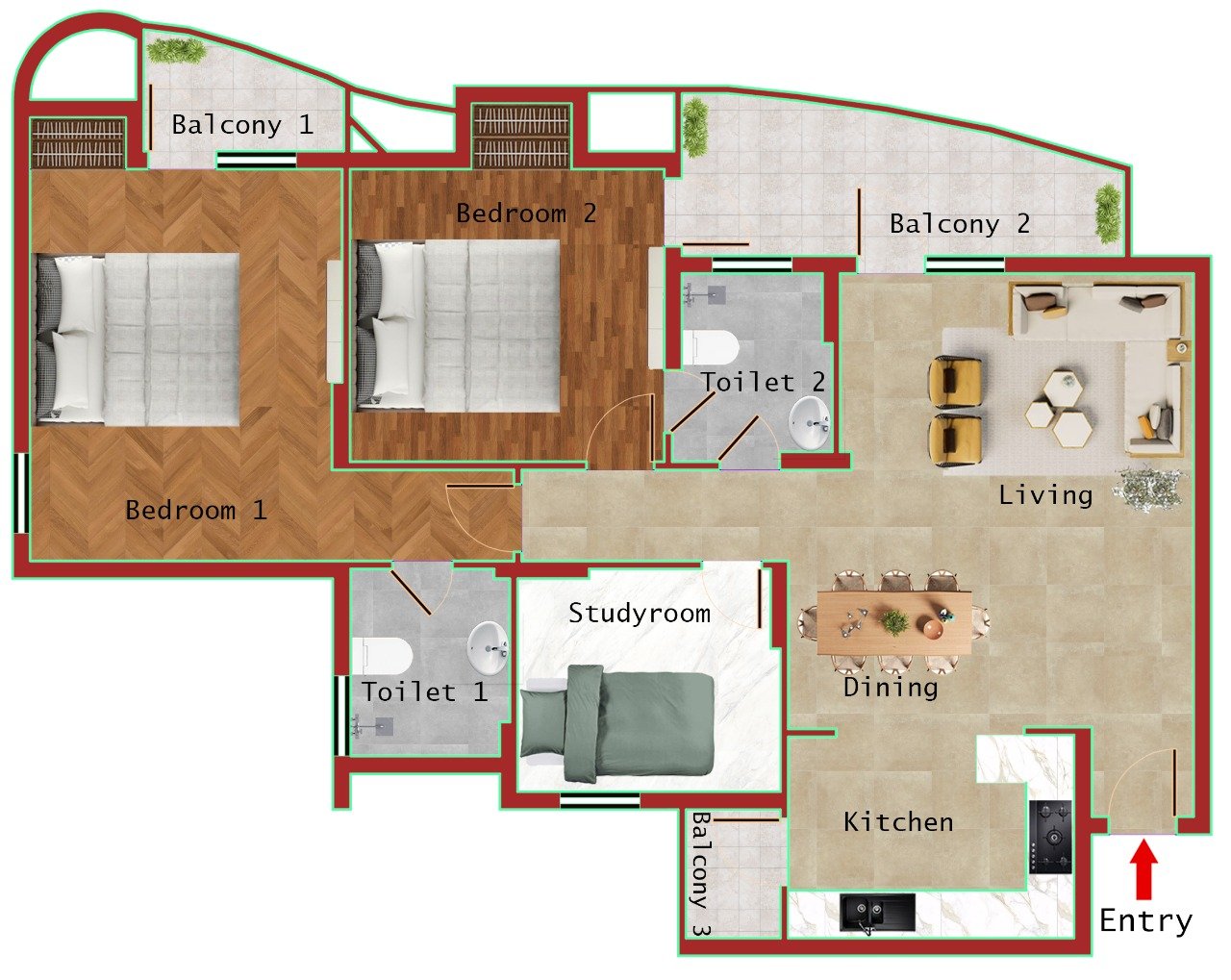 2B+2T+STUDY (SUPER AREA 1413SQFT)