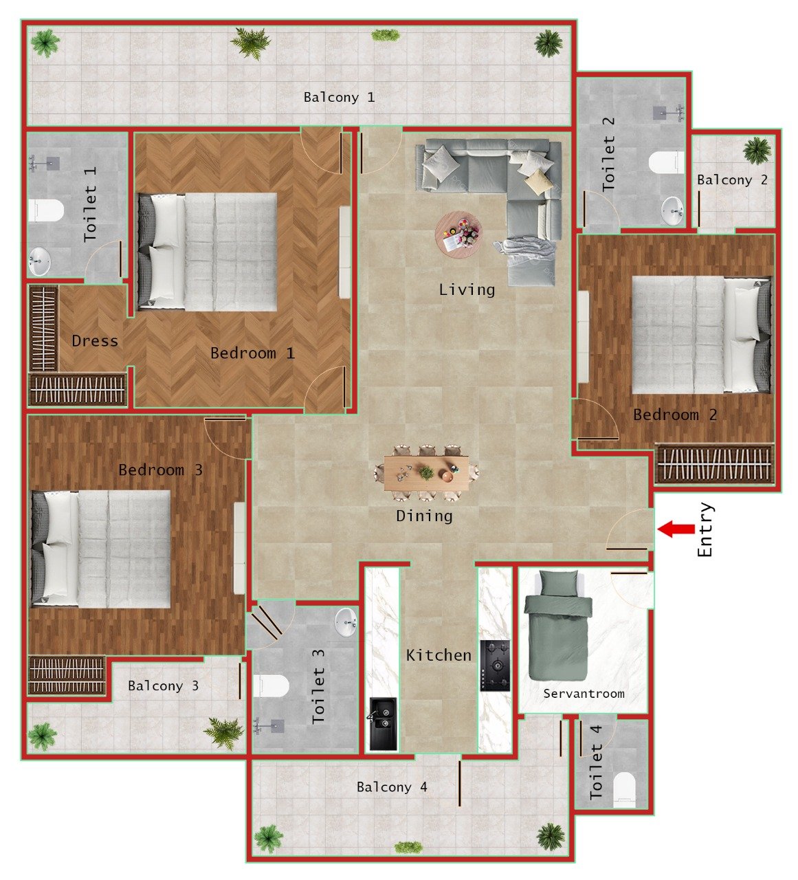 3BHK + 3T + SER (1895 SQFT)