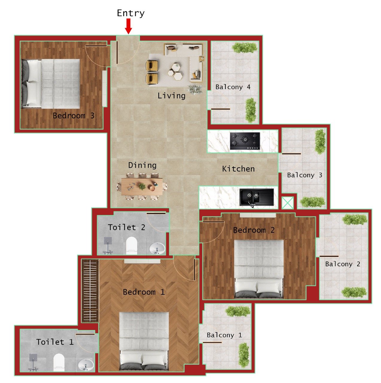 TYPE A1 1340 SQFT (3BHK + 2 T)