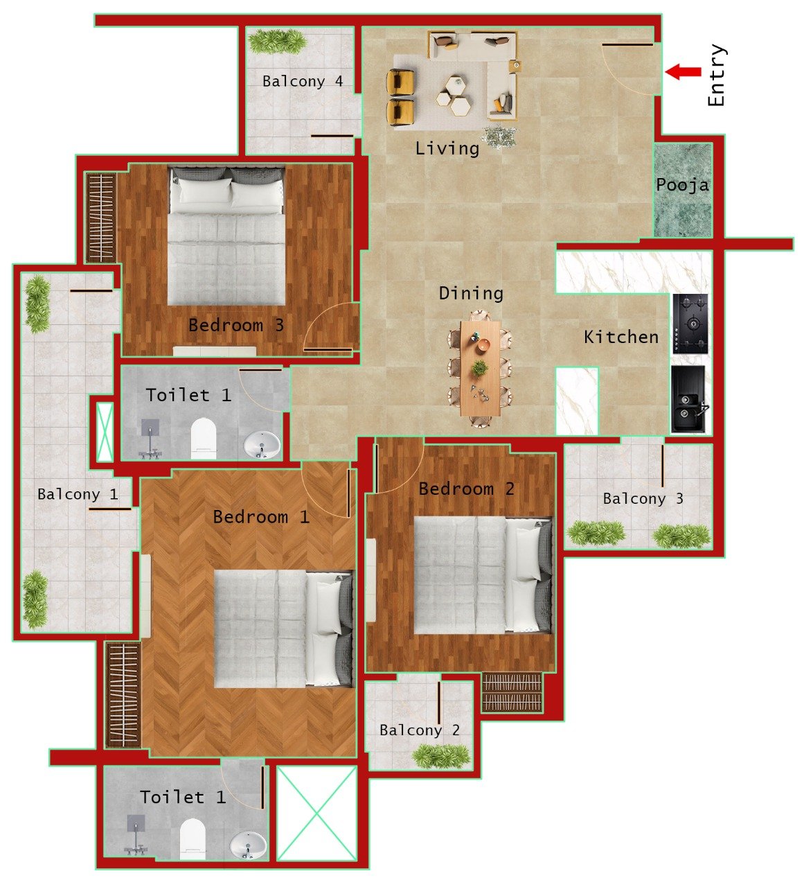 TYPE B 1495 SQFT (3BHK + 2 T + Puja)