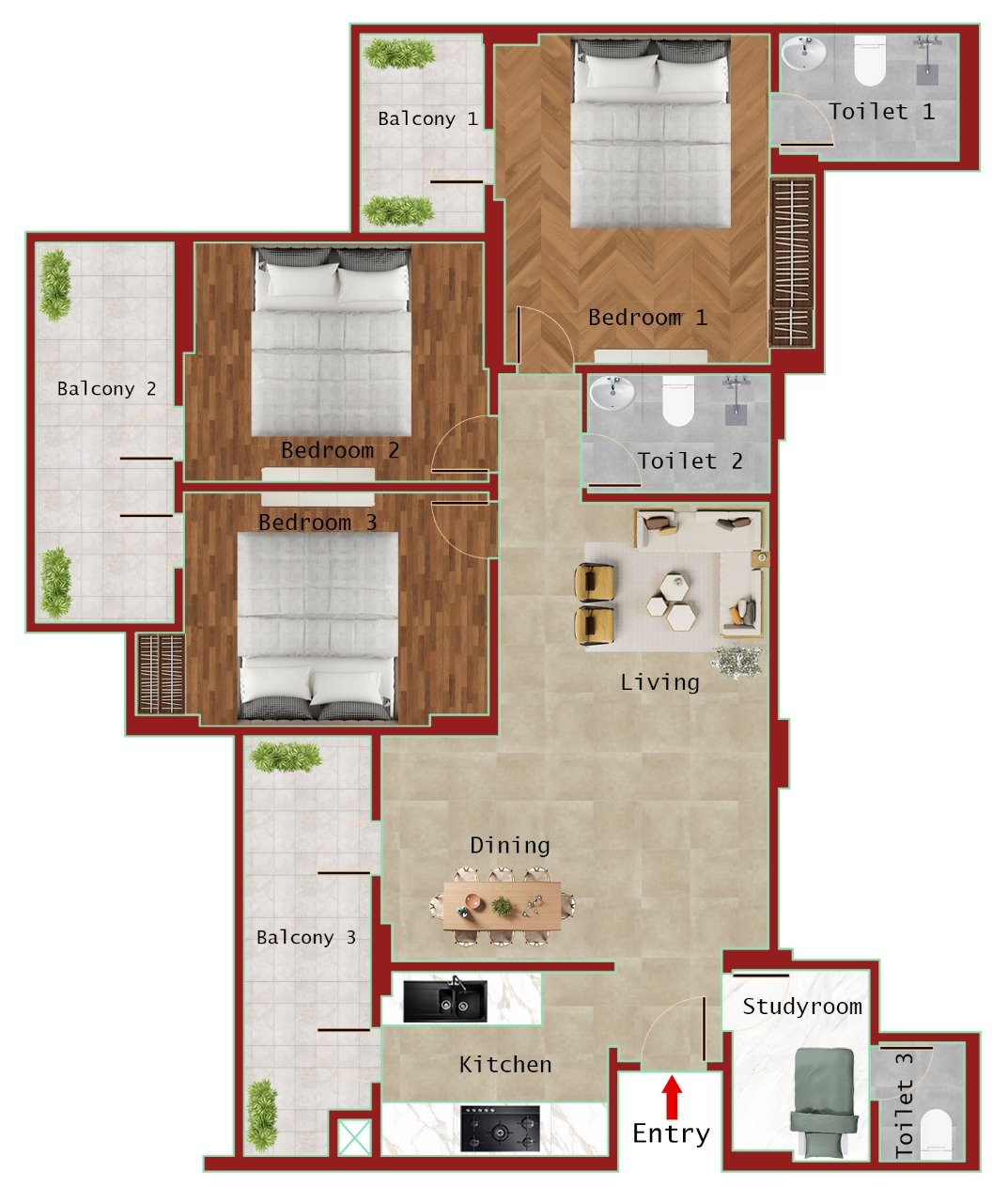 TYPE C 1695 SQFT (3BHK + 3T + STUDY)