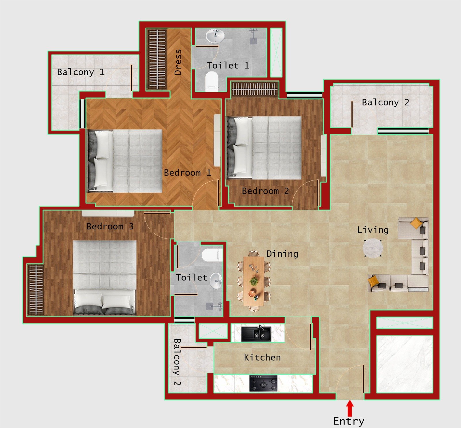 3BHK (1700 SQFT)