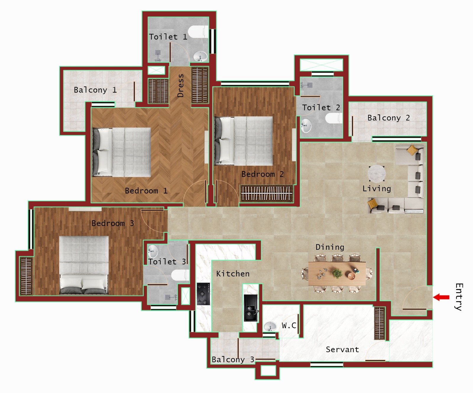 3BHK + 3T + SER (2000 SQFT)