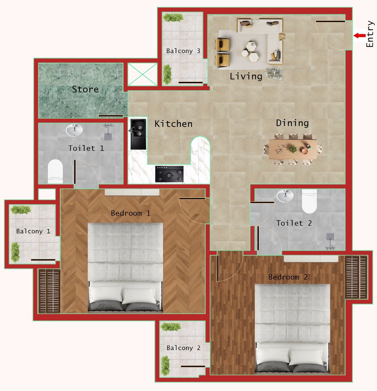 2BHK + 2T (1045 SQFT)