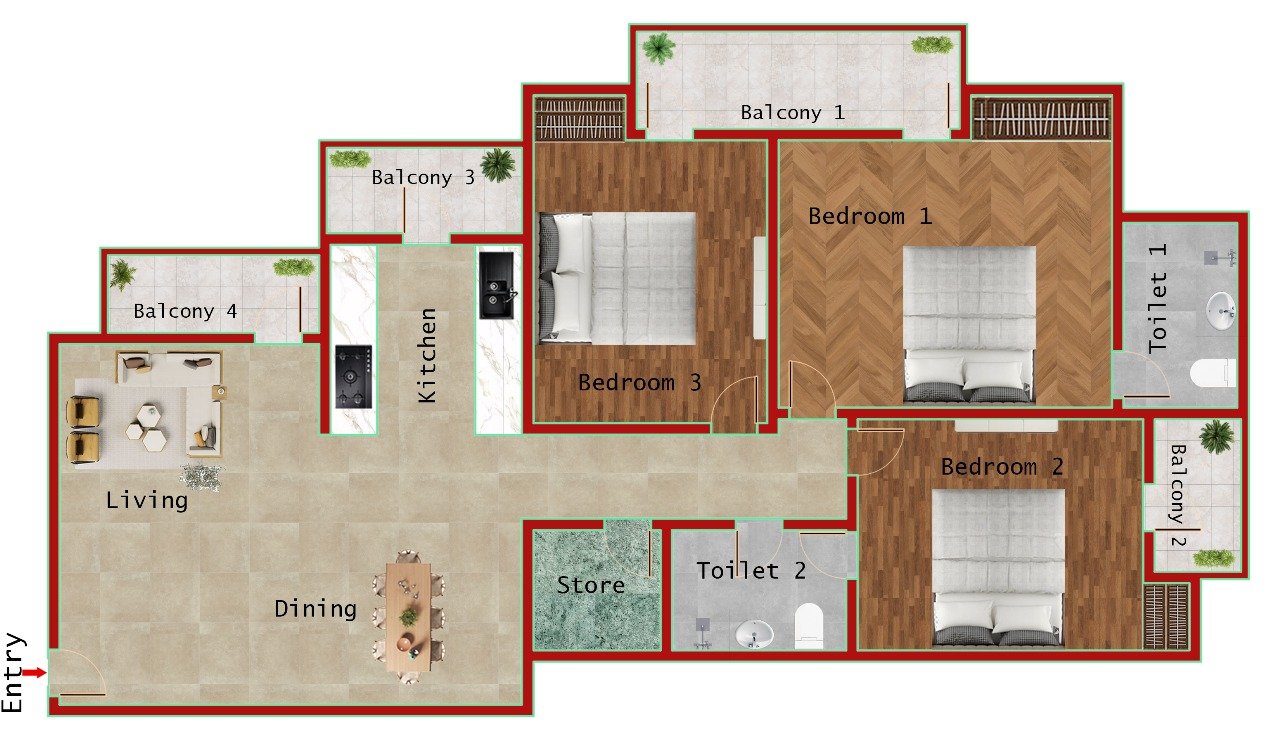 3BR + 2T (1385 SQFT)