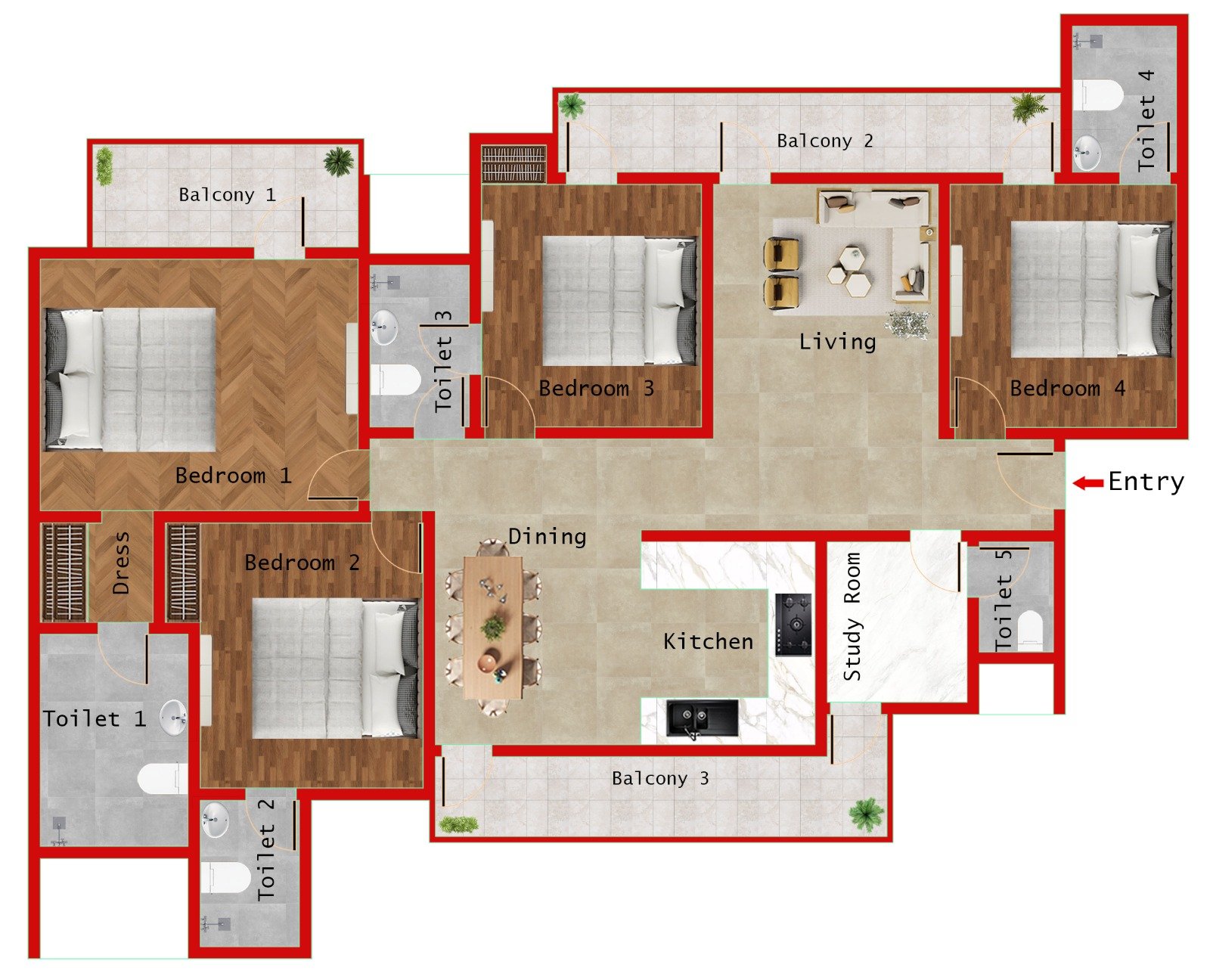 4BR + 5T (2425 SQFT)