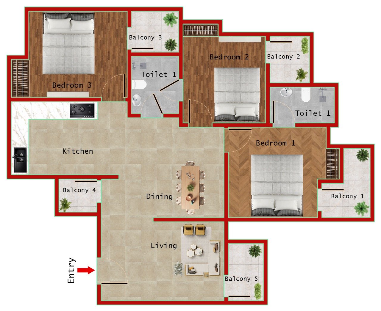 3BR + 2T (1465 SQFT)