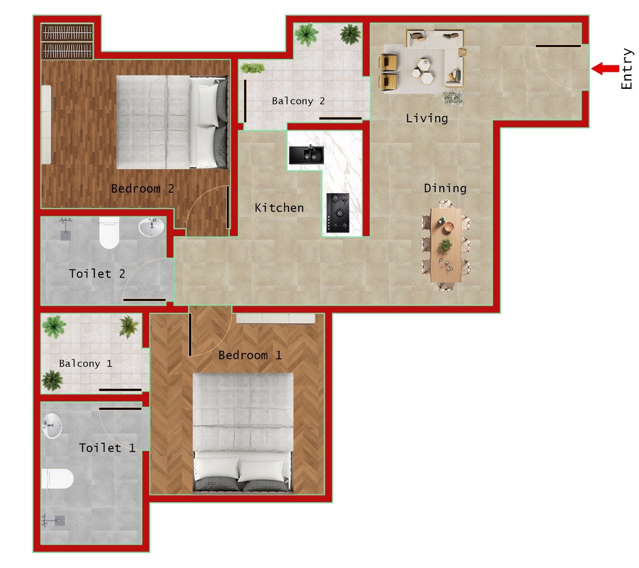 2BR + 2T (1090 SQFT)