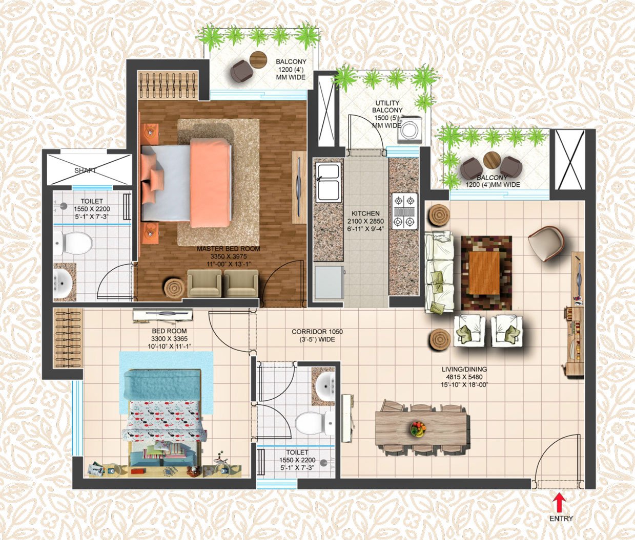 TYPE-D (1085 SQFT) 2BHK + 2T