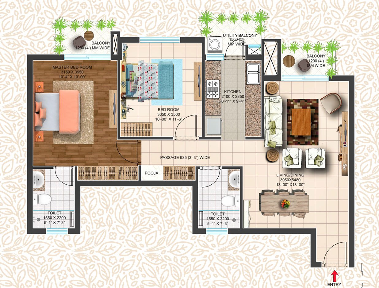 TYPE-D (1095 SQFT) 2BHK + 2T
