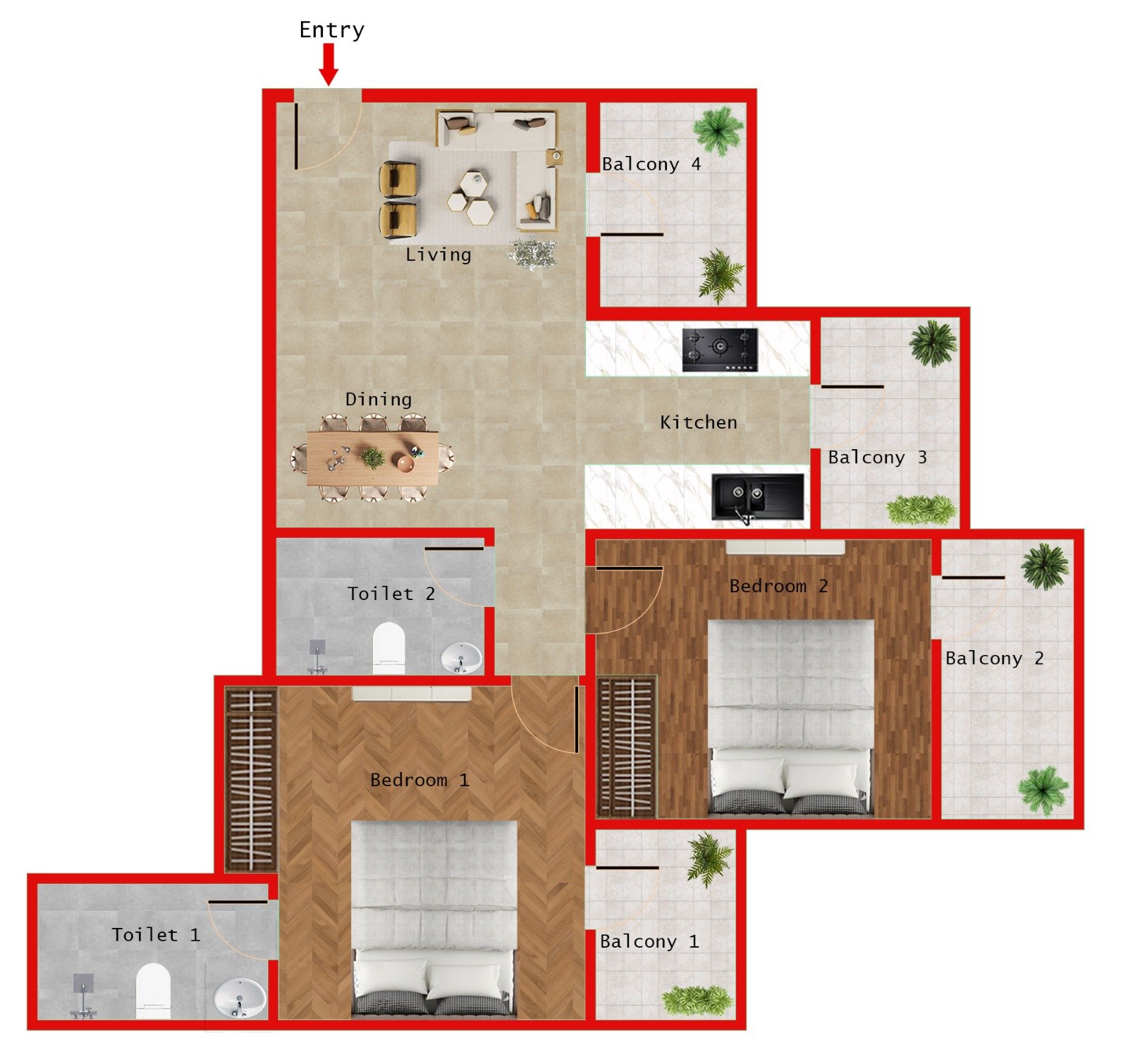 TYPE 1 - 2BR + 2T (1020 SQFT)