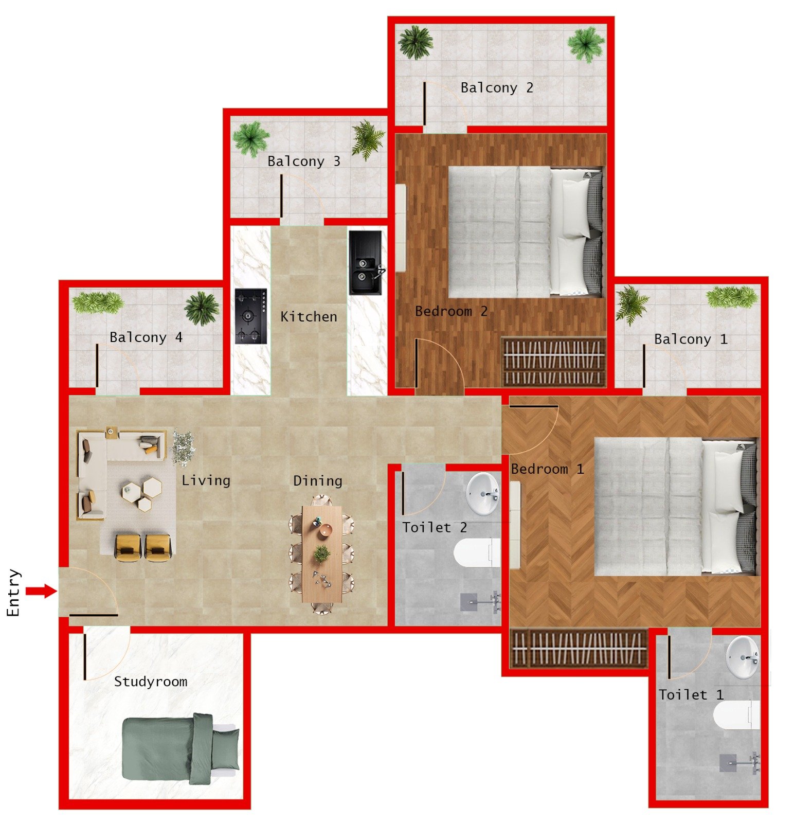 TYPE 2 - 2BR  + 2T (1105 SQFT)
