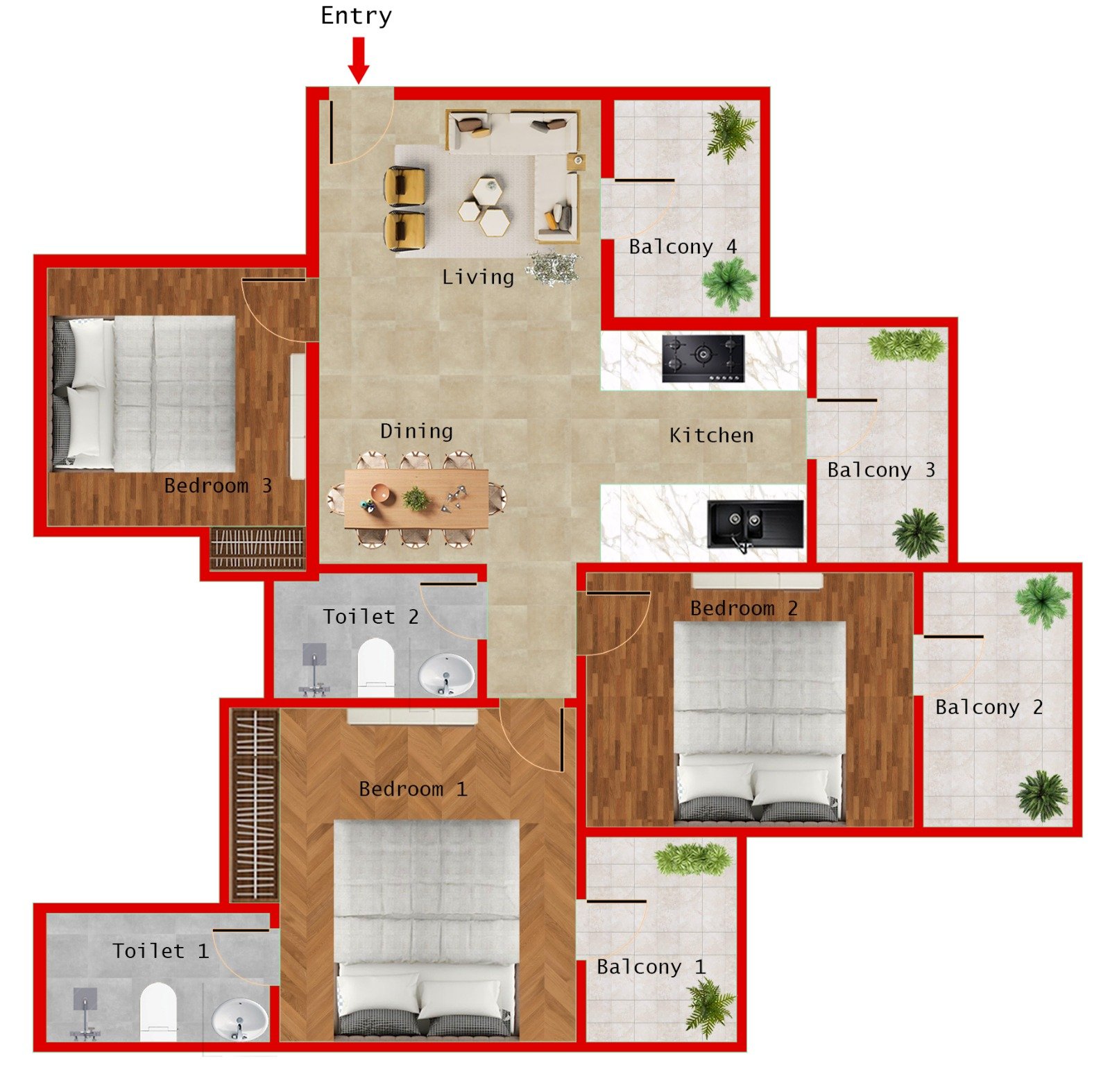 TYPE 3 - 3BR + 2T (1330 SQFT)