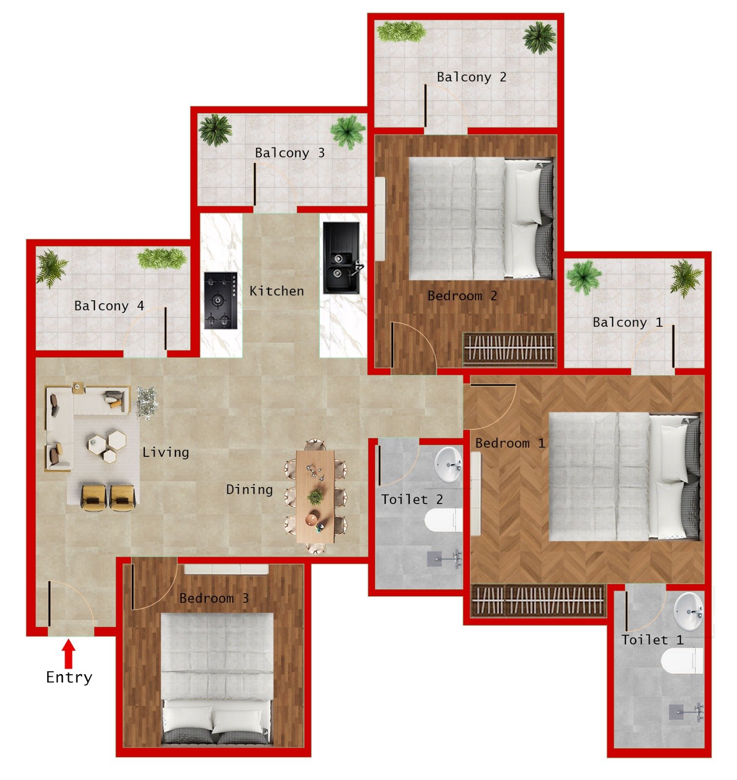 TYPE 3A - 3BR + 2T (1350 SQFT)