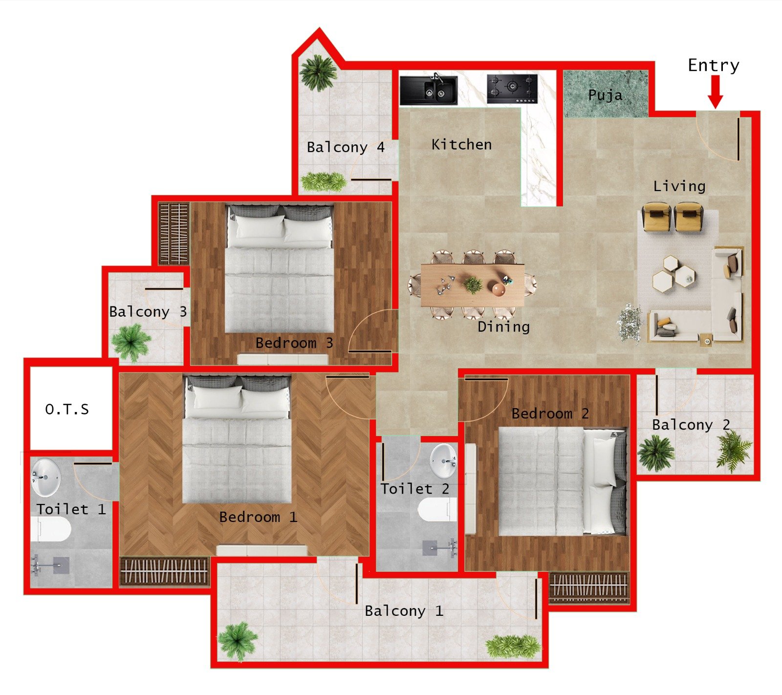 TYPE 4 - 3BR + 2T (1495 SQFT)