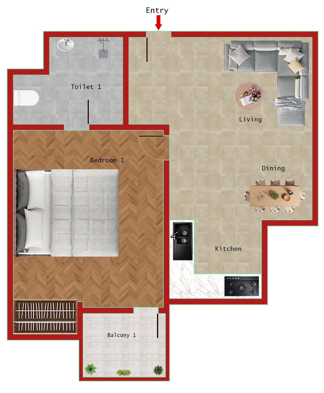 1BHK + 1T (500 SQFT)