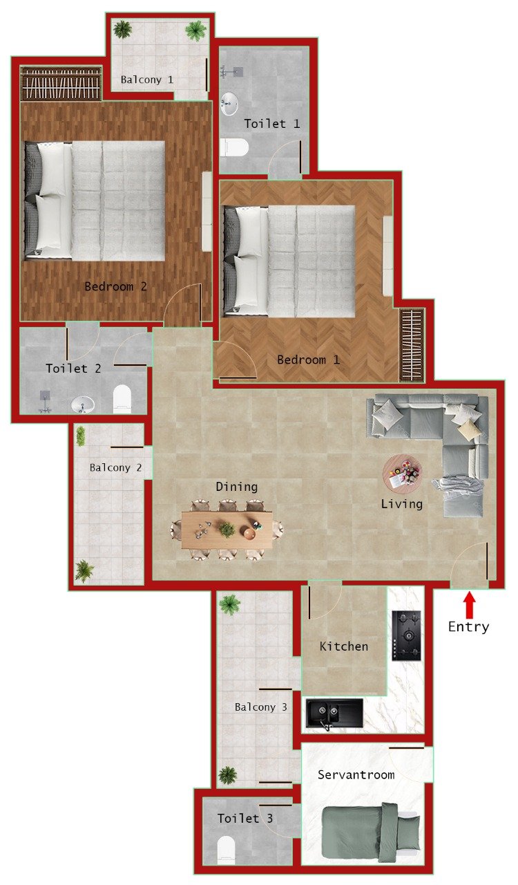 2BHK + 3T (1200 SQFT)