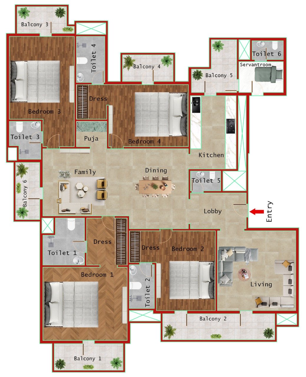 4BR + 6T (3500 SQFT)